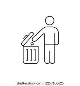 Man throwing garbage into trash bin. Keep clean icon line style isolated on white background. Vector illustration