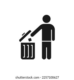 Man throwing garbage into trash bin. Keep clean icon flat style isolated on white background. Vector illustration