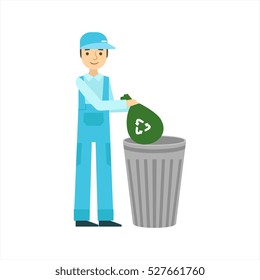 Man Throwing Garbage In Recycle Bin, Cleaning Service Professional Cleaner In Uniform Cleaning In The Household