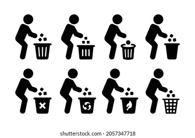 Man throwing garbage to the trash bin icon. Garbage recycling concept