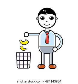 Man throwing garbage in the trash bin. 