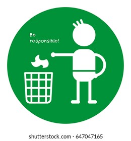 Man throwing garbage in a trash bin, vector sign icon.