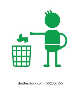Man throwing garbage in a trash recycling bin, vector icon.