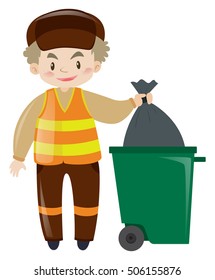 Man throwing garbage in trashcan illustration