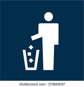 Man throwing garbage, trashcan sign, vector icon 