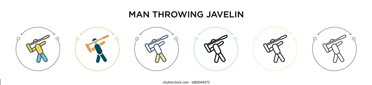 Man throwing javelin icon in filled, thin line, outline and stroke style. Vector illustration of two colored and black man throwing javelin vector icons designs can be used for mobile, ui, web