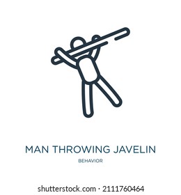 man throwing javelin thin line icon. sport, people linear icons from behavior concept isolated outline sign. Vector illustration symbol element for web design and apps.