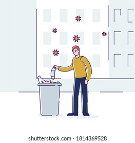 Man throwing medical mask in waste bin during coronavirus epidemic and quarantine measures. Safe disposable medical waste concept. Cartoon linear vector illustration