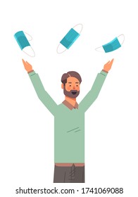 man throwing medical masks coronavirus win defeated covid-19 guy celebrating victory over nCoV virus ending pandemic quarantine concept portrait vertical vector illustration