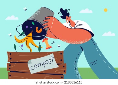 Man throwing organic waste in compost bin. Smiling male sorting garbage recycle trash. Eco friendly and environment conservation. Vector illustration. 