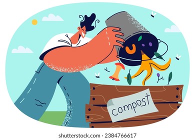 Man throwing organic waste in compost bin. Smiling male sorting garbage recycle trash. Eco friendly and environment conservation. Vector illustration.