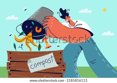 Man throwing organic waste in compost bin. Smiling male sorting garbage recycle trash. Eco friendly and environment conservation. Vector illustration. 