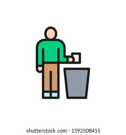 Man throwing out garbage, trash flat color line icon.