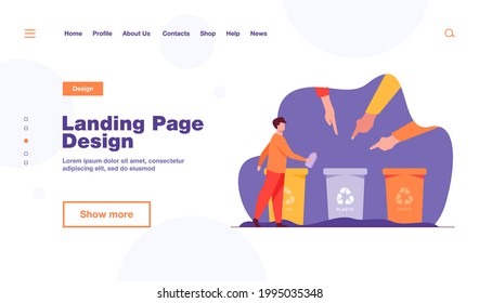 Man throwing out plastic bottle to right container. Hand, trash, waste flat vector illustration. Environment and recycling concept for banner, website design or landing web page
