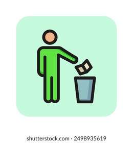 Man throwing paper into dustbin line icon. Trash, garbage, waste. Keeping clean concept. Vector illustration can be used for topics like ecology, environment, behavior
