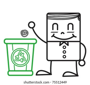 a man throwing a paper into a recycling bin