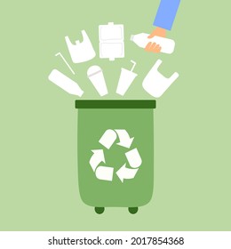 Man throwing a plastic bottle into a trash can in flat design. Plastic garbage bin concept vector illustration.