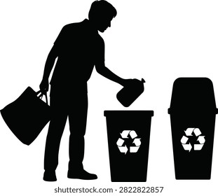 Man throwing plastic bottle into recycle bin silhouette vector illustration for eco environmental protection and waste management concept
