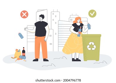 Man throwing plastic bottle on ground instead of container. Person putting garbage in bin in street, city buildings in background flat vector illustration. Environment, ecology, recycling concept