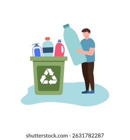 Man throwing plastic bottles into a recycling bin. Concept of environmental protection and waste sorting.
