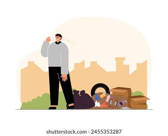 A man throwing rubbish carelessly will cause soil pollution, vector illustration.