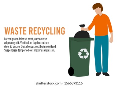 Man throwing rubbish / garbage bag in recycle bin vector icon illustration. Isolated on white background.Waste recycling,re-use of materials and environmental protection concept. Recycle basket sign. 