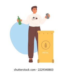 Man throwing sorted metal waste in litter container. Guy sorting garbage for recycling and reuse. Sort waste lifestyle concept. Cartoon flat vector illustration