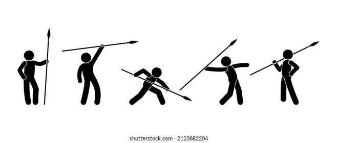 man throwing a spear, icon set, stick figure people pictogram, isolated human silhouettes