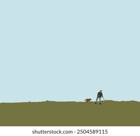 Man throwing stick for his dog in public park on holiday. Playing and training with Dog. Joyful moment between human and animal