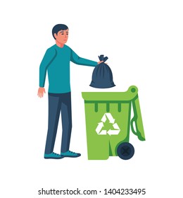 Man throwing trash bags in container. Vector illustration flat design. Isolated on white background. Trash can with recycle icon. Eco mark. 