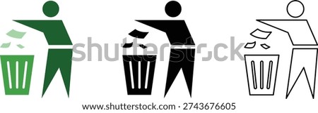 Man throwing trash in dustbin icons set keep clean, symbol isolated on transparent background.	