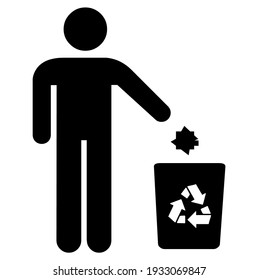 Man throwing trash, garbage, rubbish, junk into trash can with recycle, recycling 3 arrows sign, save nature and green environment, ecology, ecological symbol, vector, illustration in black color
