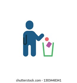 Man throwing trash into a basket flat icon, vector sign, colorful pictogram isolated on white. Man throwing paper into dustbin symbol, logo illustration. Flat style design