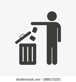 Man throwing trash into a basket, vector icon on the white background, Trash, garbage, rubbish symbol.