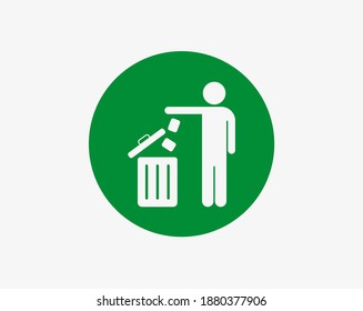 Hombre lanzando basura a una canasta, icono del vector de círculo verde sobre el fondo blanco.