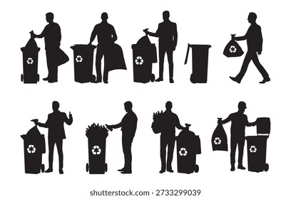 Homem jogando lixo no conjunto de silhueta de lata de lixo isolado na ilustração vetorial de fundo branco