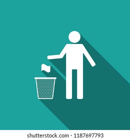 Man throwing trash into dust bin icon isolated with long shadow. Recycle symbol. Trash can sign. Flat design. Vector Illustration