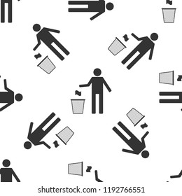 Man throwing trash into dust bin isolated icon seamless pattern on white background. Recycle symbol. Trash can sign. Flat design. Vector Illustration