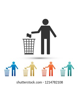 Man throwing trash into dust bin icon isolated on white background. Recycle symbol. Set elements in colored icons. Flat design. Vector Illustration