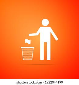Man throwing trash into dust bin icon isolated on orange background. Recycle symbol. Trash can sign. Flat design. Vector Illustration