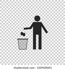 Man throwing trash into dust bin icon isolated on transparent background. Recycle symbol. Trash can sign. Flat design. Vector Illustration