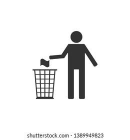Man throwing trash into dust bin icon isolated. Recycle symbol. Flat design. Vector Illustration