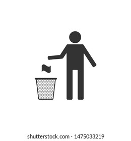 Man throwing trash into dust bin icon isolated. Recycle symbol. Trash can sign. Flat design. Vector Illustration