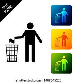 Man throwing trash into dust bin icon isolated on white background. Recycle symbol. Set icons colorful square buttons. Vector Illustration
