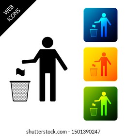Man throwing trash into dust bin icon isolated. Recycle symbol. Trash can sign. Set icons colorful square buttons. Vector Illustration