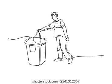 Man throwing trash into garbage can in continuous one line drawing. Minimalist environment protection and waste disposal concept.