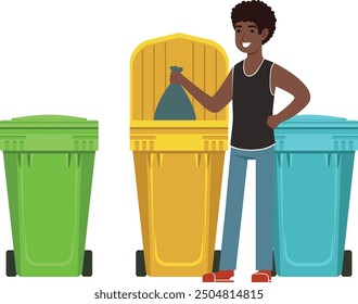 Hombre arrojando basura a la lata de reciclaje. Clasificación de residuos