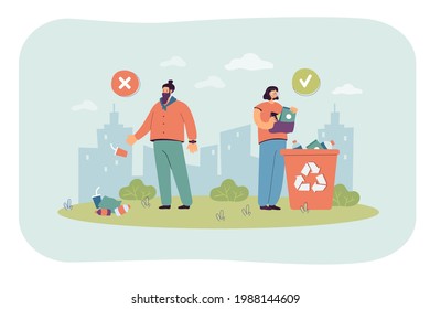 Man throwing trash on ground instead of recycle container. Plastic waste in street flat vector illustration. Ecology, recycling, environment concept for banner, website design or landing web page