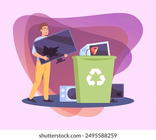 Man throwing TV set  into recycle bin. Male cartoon character holding broken TV flat vector illustration. Technology, electronic waste, recycling concept