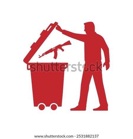 Man throwing weapon in dustbin symbol. Antiwar, Disarmament and Peace design symbol in red color. Disarmament week vector illustration